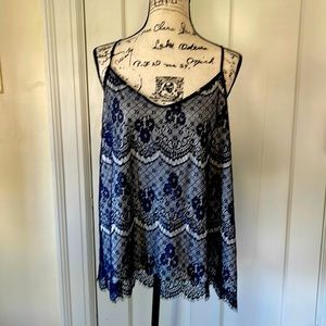 Maurice’s navy blue lace tank top over cream colored silky top, size XXL